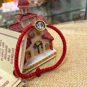 Красный комбоскини плоский медальон с позолотой (Св.Спиридон), Афон