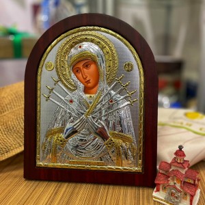 Икона "Семистрельная" (198х247 мм), серебро, Греция Икона "Семистрельная" (198х247 мм), серебро, Греция