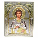 Икона Святой Пантелеймон прямоугольная в серебре