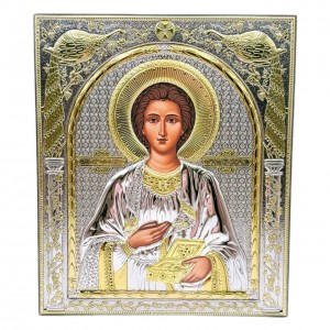 Икона Святой Пантелеймон прямоугольная в серебре
