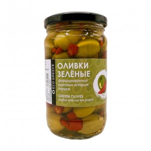 Предзаказ! Оливки, фаршированные красным острым перцем, EcoGreece, ст.банка, 340г